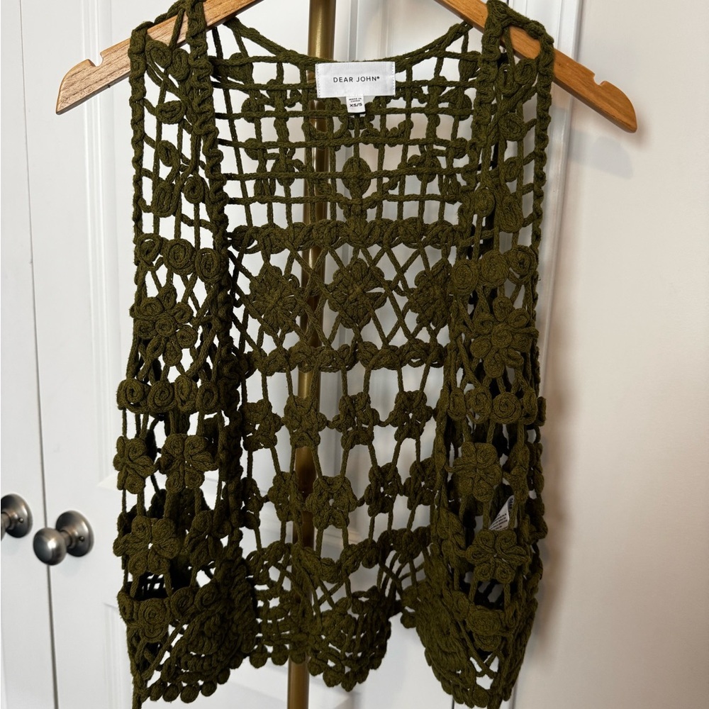 Dear John Olive Crochet Floral Openwork Vest